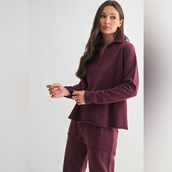 Dark Plum 100% Cotton Long Sleeve Henley Long Sleeve V-Neck Top - Picture 2 of 5